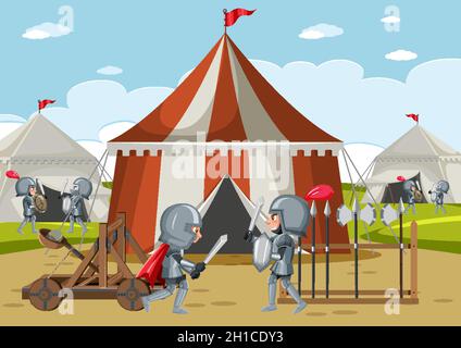 Military medieval camp with tents and weapons illustration Stock Vector ...