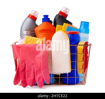 Cleaning items in basket isolated on white background Stock Photo