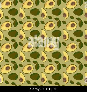 Seamless pattern with fresh avocado and leaves on a dark background Stock Vector
