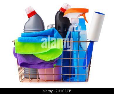 Cleaning items in basket isolated on white background Stock Photo