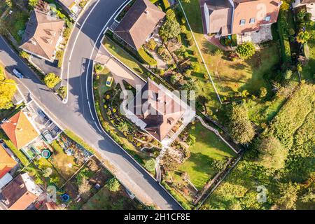 Aerial vertical view of a hamlet in Brive La Gaillarde, in Autumn, in New Aquitaine, Limousin, France Stock Photo