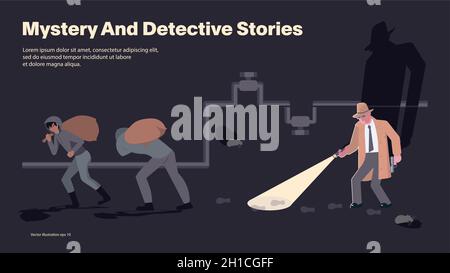 Landing page templates for Detective blog or agency. A detective with a flashlight follows the trail of criminals in the basement. Flat Art Vector ill Stock Vector