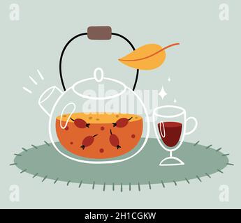 Rosehip tea in a transparent teapot. A glass of mulled wine. Warm autumn drink. Stock Vector