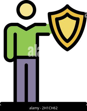 Man with a shield icon. Outline man with a shield vector icon color flat isolated Stock Vector