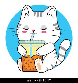 Cute cat drinking boba tea Stock Vector