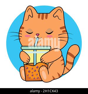 Cute cat drinking boba tea Stock Vector