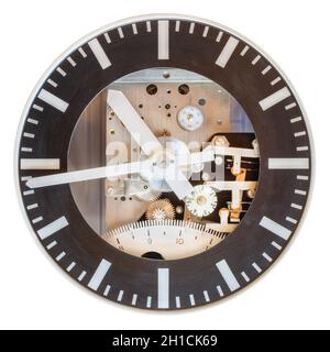 Retro twentieth century clock face with visible innerworks isolated on a white background Stock Photo