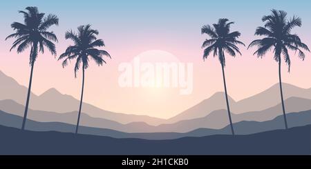 tropical night landscape with palm trees and mountains Stock Vector