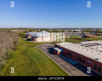 Aerial photograph of the wastewater treatment facility at the Madison Metropolitan Sewage District plant; Madison, Wisconsin, USA. Stock Photo