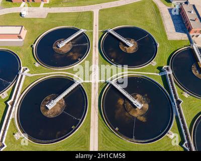 Aerial photograph of the wastewater treatment facility at the Madison Metropolitan Sewage District plant; Madison, Wisconsin, USA. Stock Photo