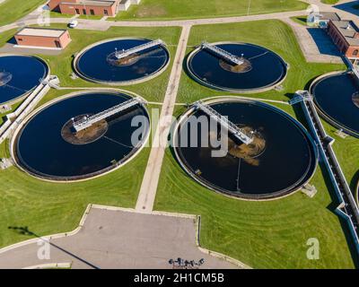 Aerial photograph of the wastewater treatment facility at the Madison Metropolitan Sewage District plant; Madison, Wisconsin, USA. Stock Photo