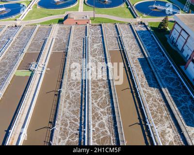 Aerial photograph of the wastewater treatment facility at the Madison Metropolitan Sewage District plant; Madison, Wisconsin, USA. Stock Photo