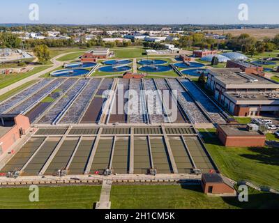 Aerial photograph of the wastewater treatment facility at the Madison Metropolitan Sewage District plant; Madison, Wisconsin, USA. Stock Photo