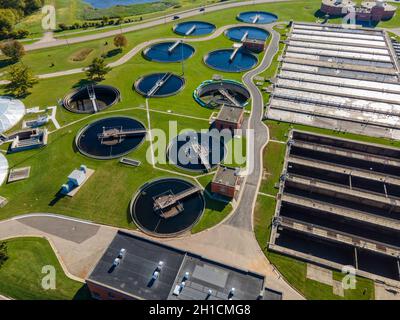 Aerial photograph of the wastewater treatment facility at the Madison Metropolitan Sewage District plant; Madison, Wisconsin, USA. Stock Photo