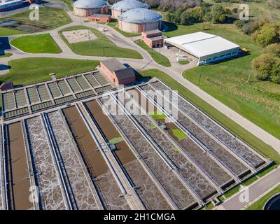 Aerial photograph of the wastewater treatment facility at the Madison Metropolitan Sewage District plant; Madison, Wisconsin, USA. Stock Photo