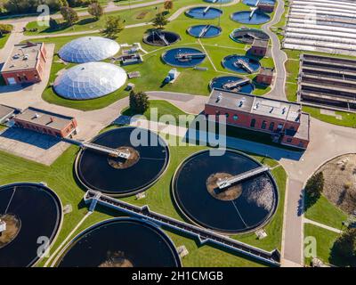 Aerial photograph of the wastewater treatment facility at the Madison Metropolitan Sewage District plant; Madison, Wisconsin, USA. Stock Photo