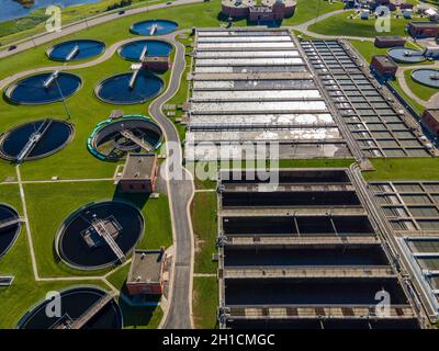 Aerial photograph of the wastewater treatment facility at the Madison Metropolitan Sewage District plant; Madison, Wisconsin, USA. Stock Photo