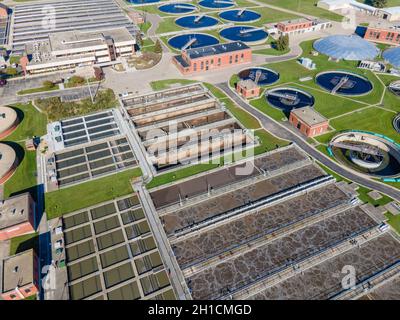 Aerial photograph of the wastewater treatment facility at the Madison Metropolitan Sewage District plant; Madison, Wisconsin, USA. Stock Photo