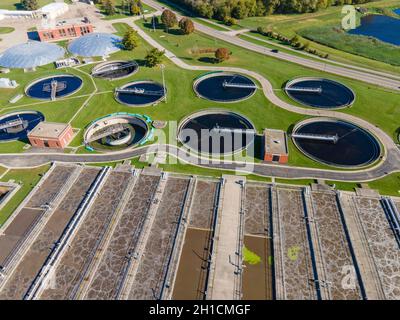 Aerial photograph of the wastewater treatment facility at the Madison Metropolitan Sewage District plant; Madison, Wisconsin, USA. Stock Photo