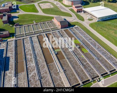 Aerial photograph of the wastewater treatment facility at the Madison Metropolitan Sewage District plant; Madison, Wisconsin, USA. Stock Photo