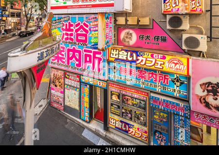 Small lane whose entrance is signaled by a lamppost overcomes a dog silhouette with many grooming salons for dogs and cats adjacent to the dogenzaka s Stock Photo