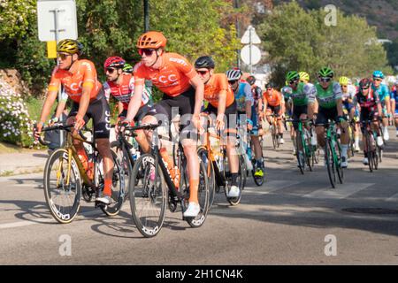 19th February 2020 - Cyclists taking part in stage 1 of the 46th Volta ao Algarve race,  Portimao - Lagos, Portugal Stock Photo