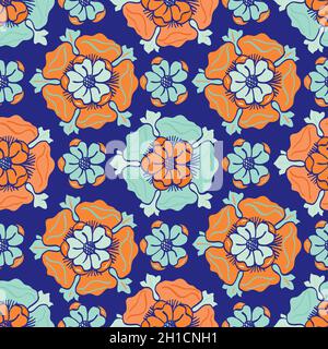 Medieval rose vector pattern seamless background. Azulejo tile style backdrop of hand drawn flower motifs. Neon indigo orange blue color.Geometric Stock Vector