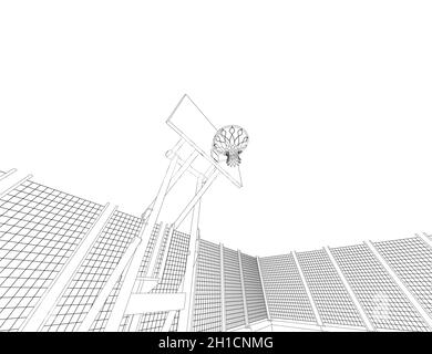 The contour of a basketball hoop on the field, fenced with a net of black lines isolated on a white background. Bottom view. 3D. Vector illustration. Stock Vector