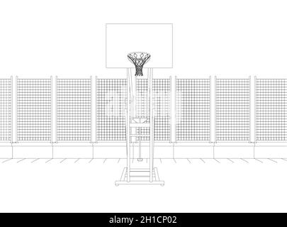 The contour of a basketball hoop on the field, fenced with a net of black lines isolated on a white background. 3D. Vector illustration. Stock Vector