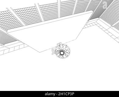 The contour of a basketball hoop on the field, fenced with a net of black lines isolated on a white background. View from above. 3D. Vector illustrati Stock Vector