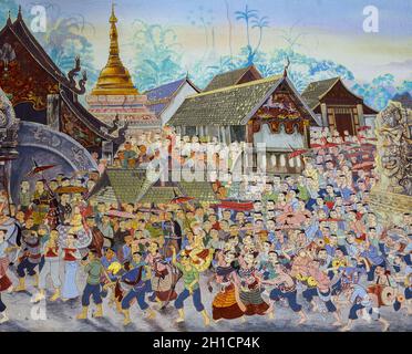 CHIANG MAI,THAILAND - OCTOBER 27, 2014 : Thai Lanna mural painting of Buddhist novice ordination ceremony (Poy Sang Long festival) on temple wall of W Stock Photo