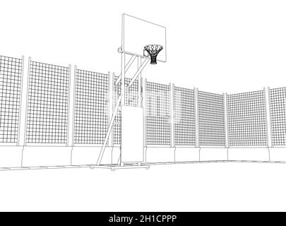The contour of a basketball hoop on the field, fenced with a net of black lines isolated on a white background. 3D. Vector illustration. Stock Vector