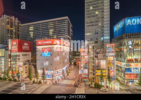 Aerial night view of the Akihabara Crossing Intersection in the electric town of Tokyo in Japan. Stock Photo