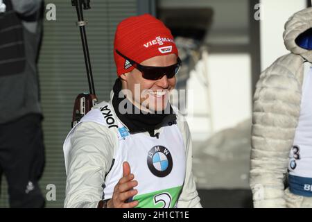 Strahlemann nach starkem Rennen: Philipp Horn (SV Eintracht Frankenhain) nach der Staffel der Herren  bei der IBU Biathlon-Weltmeisterschaft Antholz 2 Stock Photo