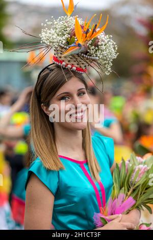 Funchal; Madeira; Portugal - April 22; 2018: Annual parade of the Madeira Flower Festival in the city of Funchal on the Island of Madeira. Portugal. Stock Photo