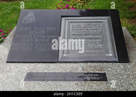 SKOPJE, MACEDONIA - SEPTEMBER 17: Memorial Plaque of Mother Teresa in Skopje on SEPTEMBER 17, 2012. Bird House Plaque of Mother Teresa Humanitarian Wo Stock Photo