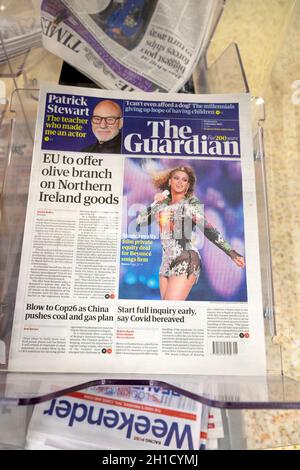 'EU to offer olive branch on Northern Ireland goods' Guardian newspaper headline front page article on 11 October 2021 London England UK Great Britain Stock Photo