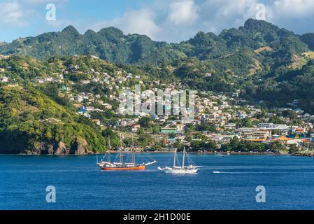 Kingstown, Saint Vincent and the Grenadines - December 19, 2018: Coastline view of the port and city of Kingstown, capital of Caribbean island Saint V Stock Photo