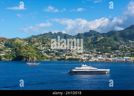 Kingstown, Saint Vincent and the Grenadines - December 19, 2018: Luxury motor yacht at harbor of the Port of Kingstown, Saint Vincent and the Grenadin Stock Photo