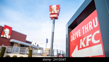 Olomouc - February 13, 2020: directional signs for KFC store. Drive Thru service. Stock Photo