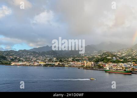 Kingstown, Saint Vincent and the Grenadines - December 19, 2018: Cityscape of the Kingstown with dramatic sky after the last rain at Saint Vincent isl Stock Photo