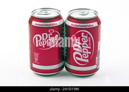 HUETTENBERG, GERMANY - 2020-02 25 Two DR PEPPER CANS OF DRINK - Product shot of Dr Pepper can isolated on white Stock Photo
