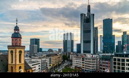 FRANKFURT, GERMANY: October 5th, 2019: City view of central Frankfurt, with St. Katharinen Kirche church and modern architecture in the background. Stock Photo