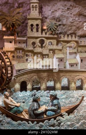 Cordoba, Spain - 2018, Sept 8th: Cordoba Caliphate splendour scenes. River life. Calahorra Tower Museum, Cordoba, Spain Stock Photo