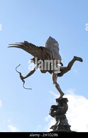 LONDON, UNITED KINGDOM - APRIL 04: Eros Statue in London on APRIL 04, 2010. The Statue of Eros at Piccadilly Circus in London, United Kingdom. Stock Photo