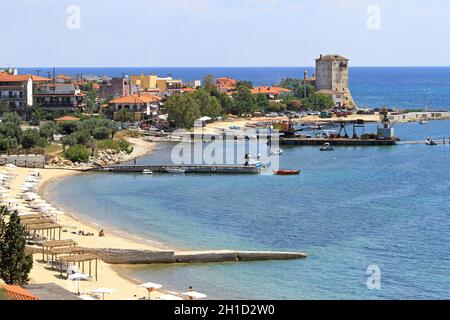 OURANOUPOLI, GREECE - JUNE 27: Ouranoupoli in Chalcidice on JUNE 27, 2011. Aerial view of Ouranoupoli waterfront in Chalcidice, Greece. Stock Photo