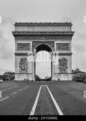 Paris, France - December 23, 2018: Triumphal Arch in Paris, Black and white, Monochrome view. Architecture and landmarks of Paris. Stock Photo