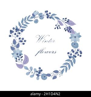 Winter vector round frame with plants and flowers. Floral wreath Stock Vector
