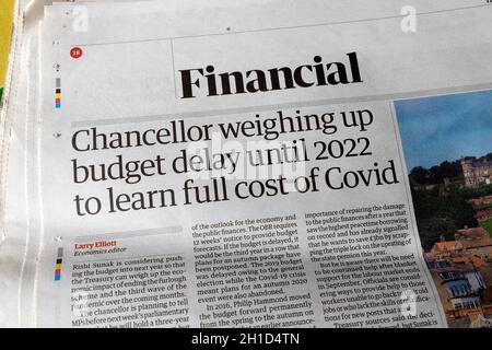 Guardian Financial newspaper headline Rishi Sunak 'Chancellor weighing up budget delay until 2022 to learn full cost of covid' 16 July 2021 London UK Stock Photo