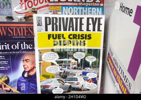 'Fuel Crisis Deepens' front cover of Private Eye magazine October 2021 issue on shelf at newsagent newsstand in London England Great Britain UK Stock Photo